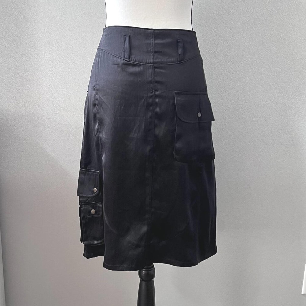 Vintage Buffalo David Bitton Size 29 Edris Black 100% Silk Cargo Midi Skirt - Picture 3 of 6